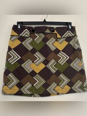Vintage-Inspired Geometric Mini Skirt in Olive, Brown & Mustard LOFT Size 8